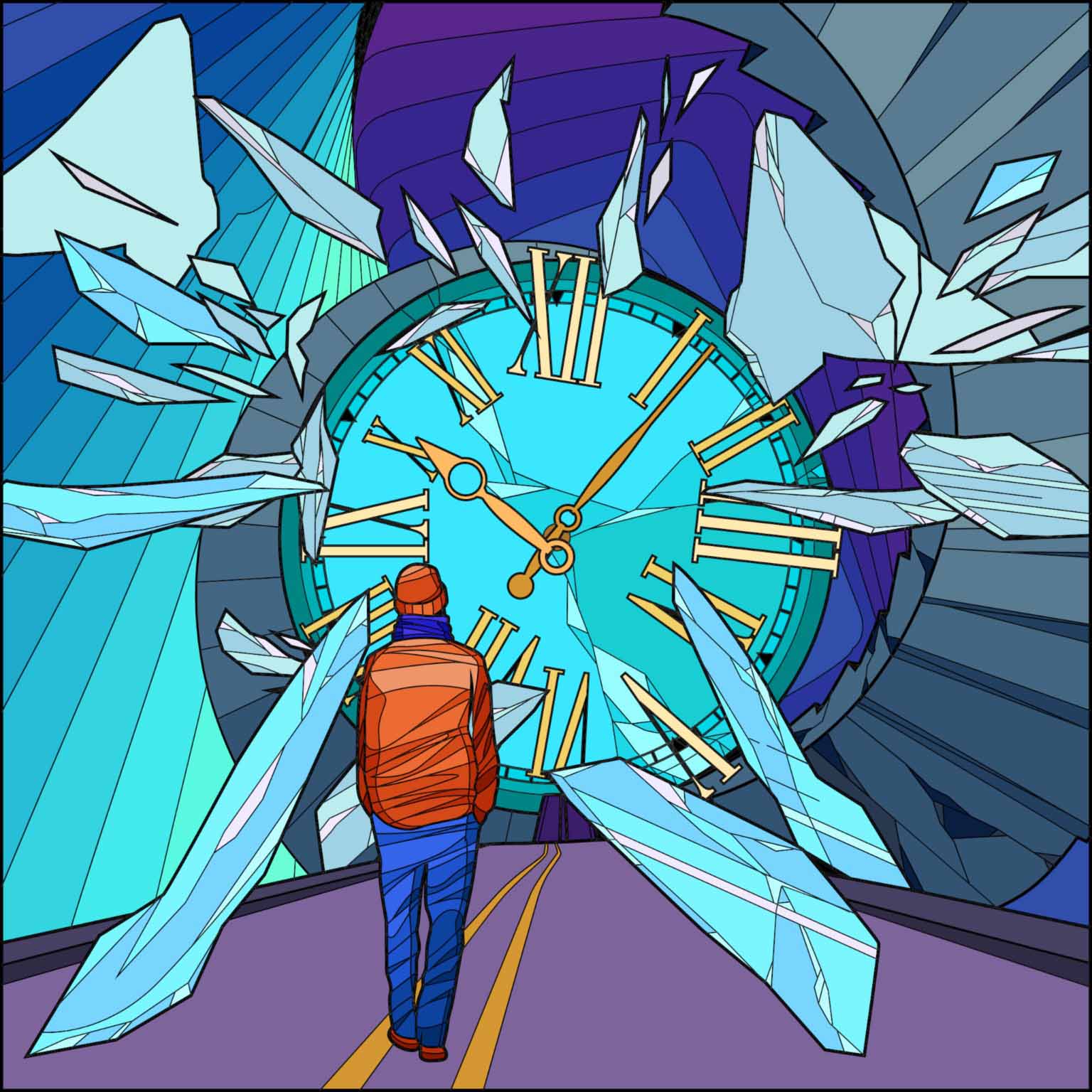 A man walks toward a shattered clock